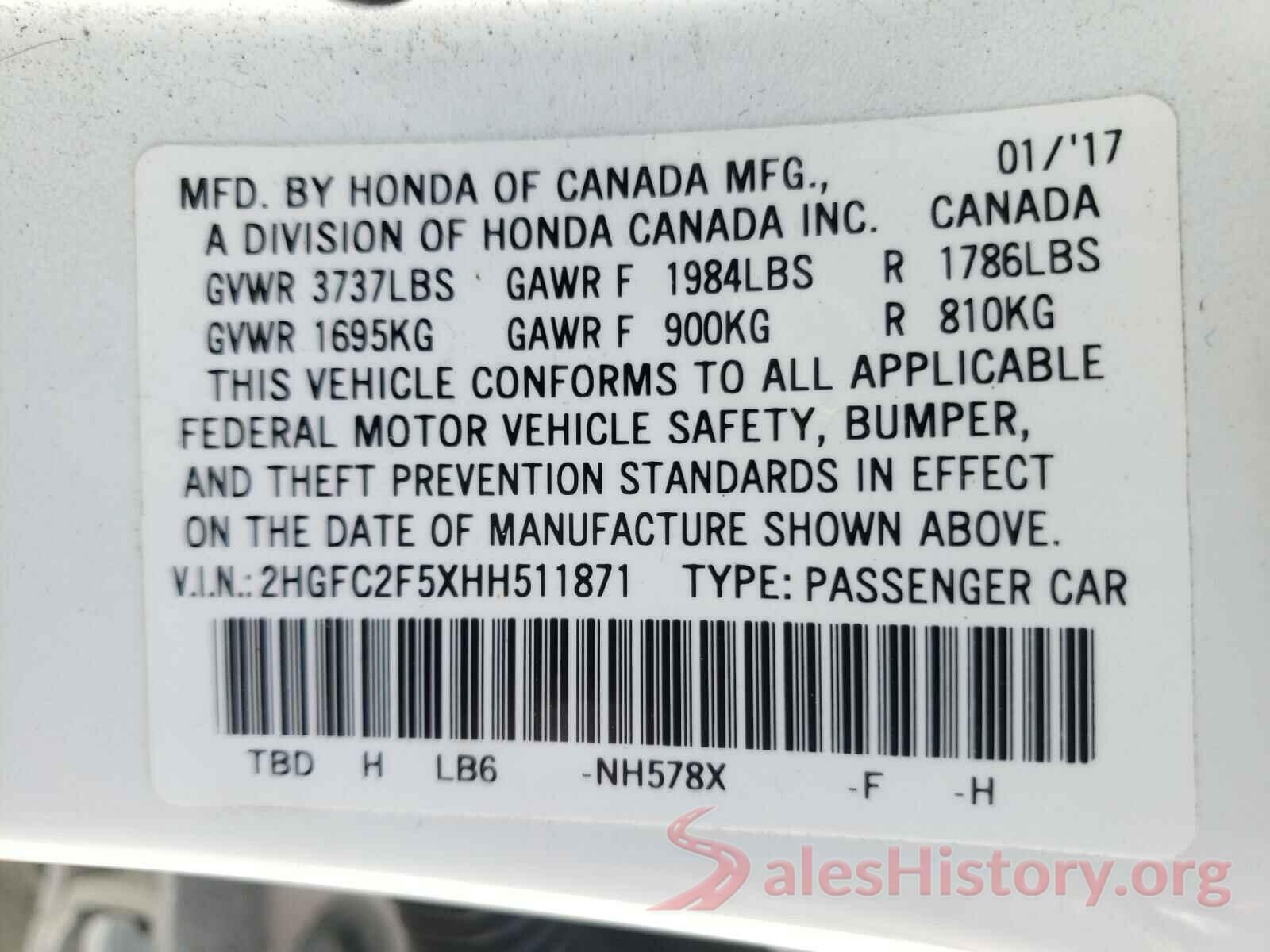 2HGFC2F5XHH511871 2017 HONDA CIVIC