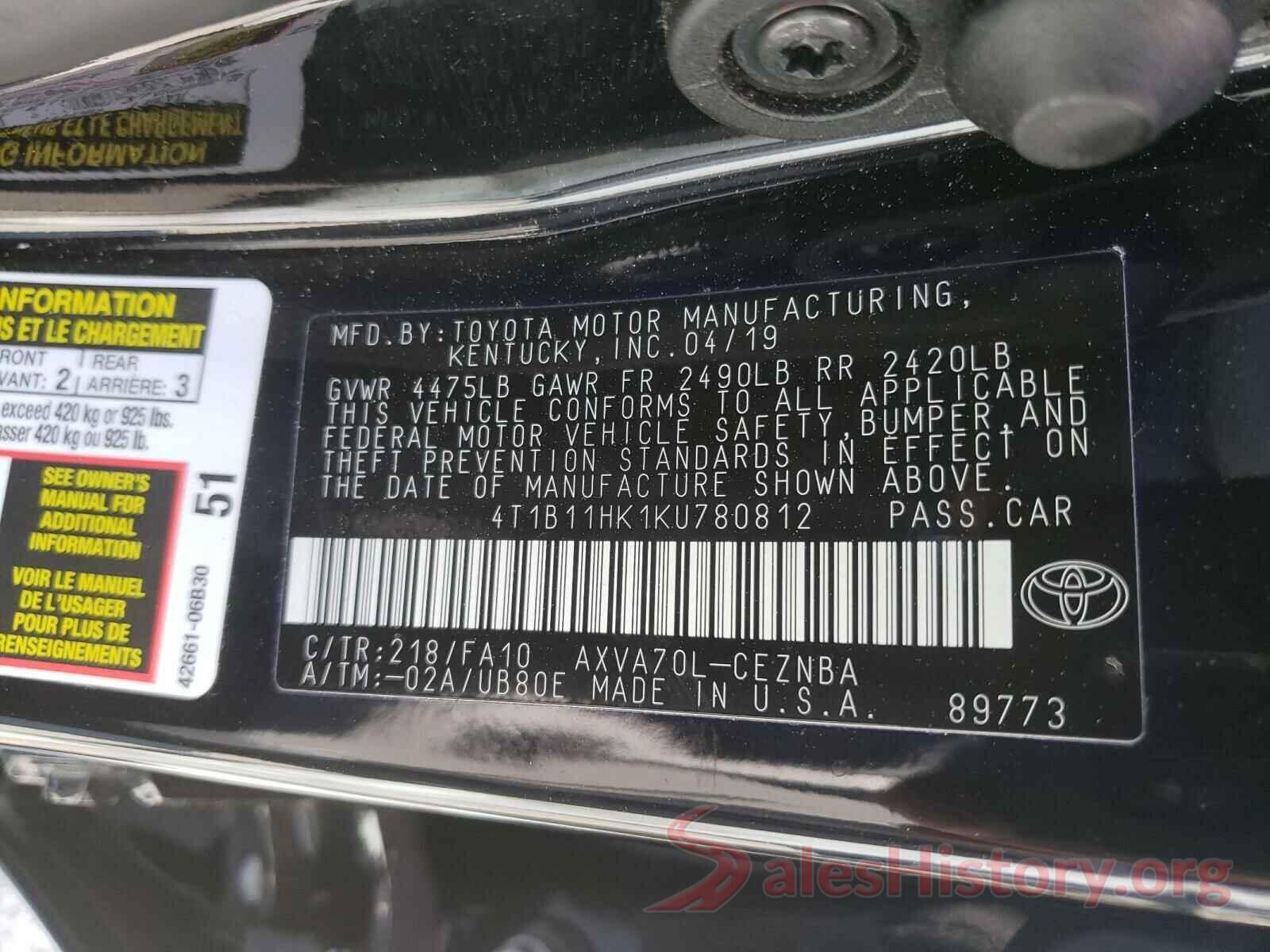 4T1B11HK1KU780812 2019 TOYOTA CAMRY