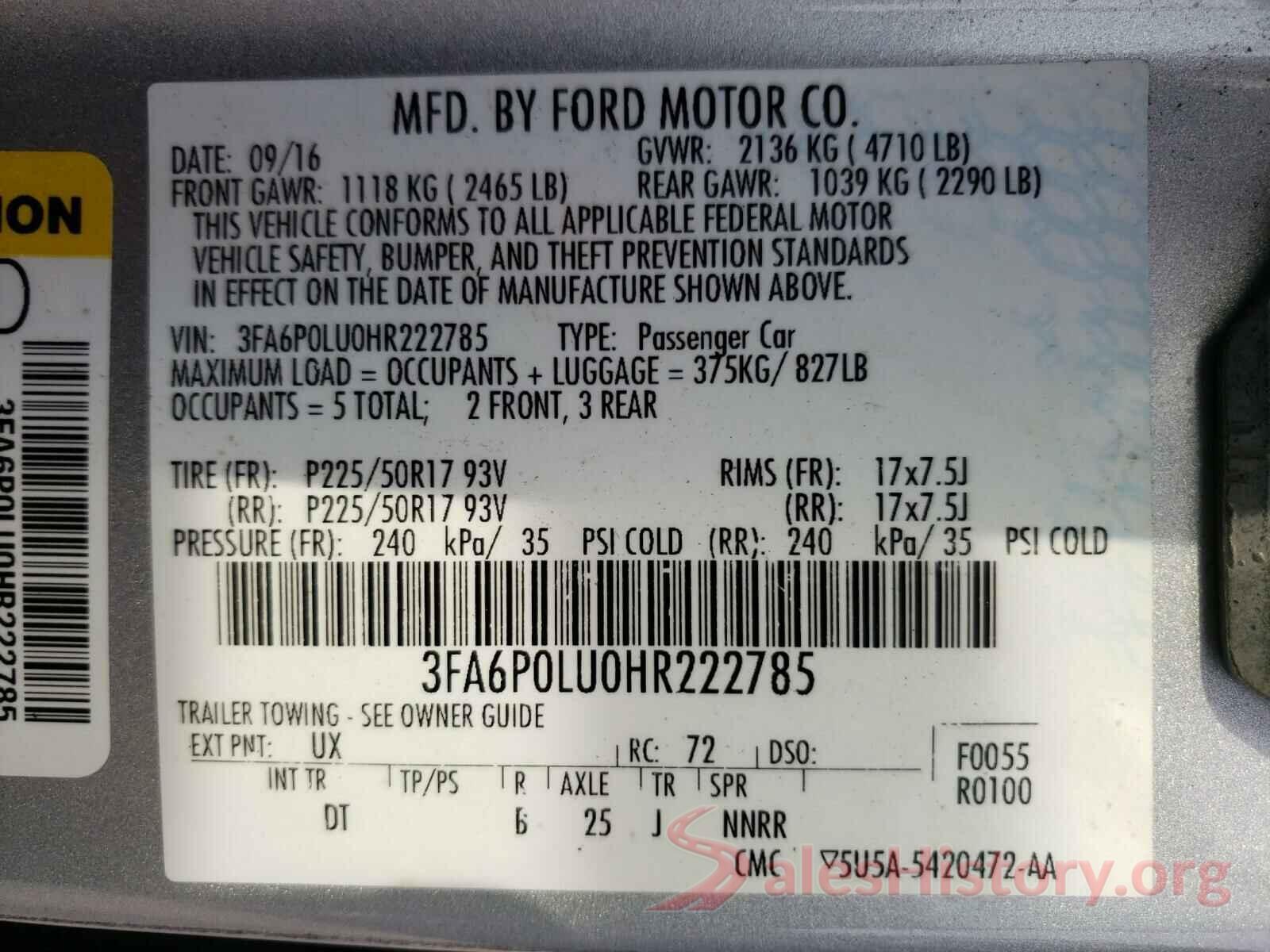 3FA6P0LU0HR222785 2017 FORD FUSION