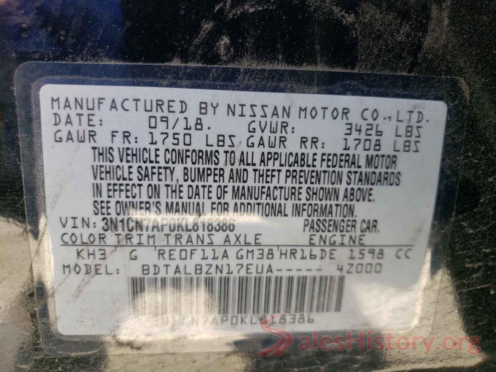 3N1CN7AP0KL818386 2019 NISSAN VERSA