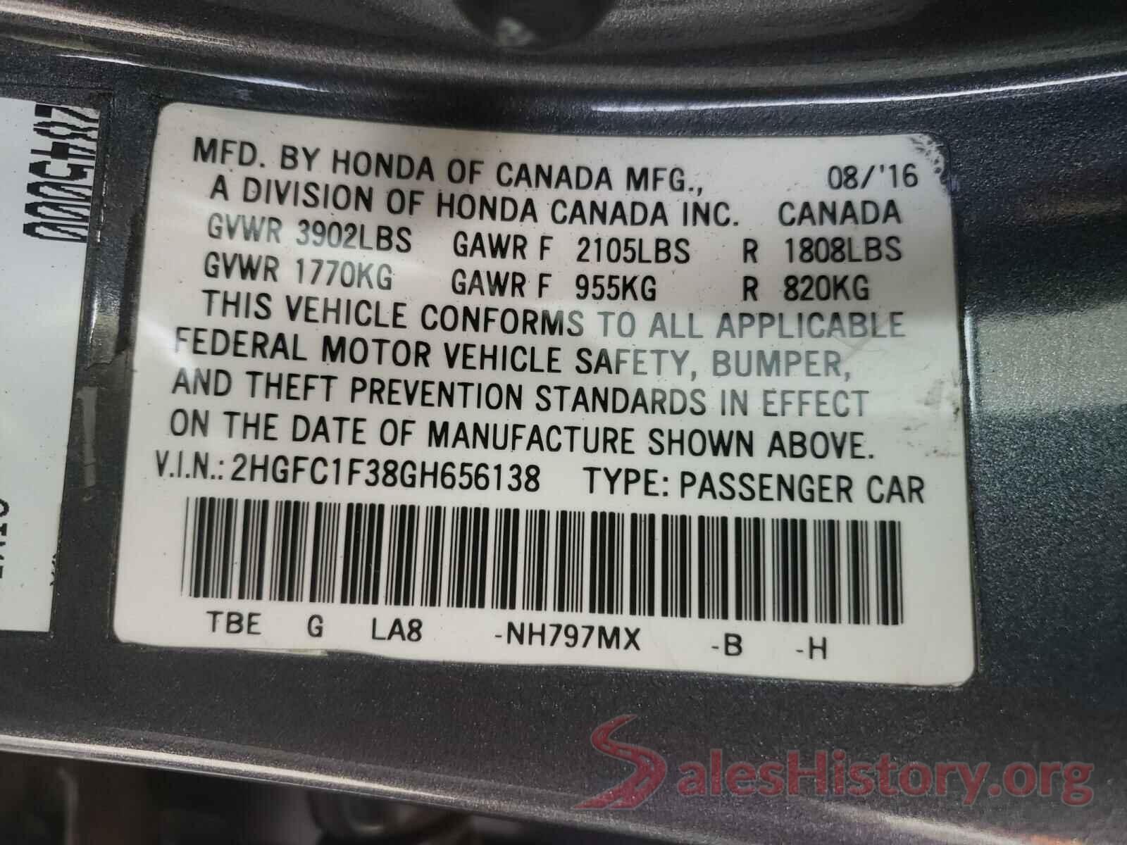 2HGFC1F38GH656138 2016 HONDA CIVIC