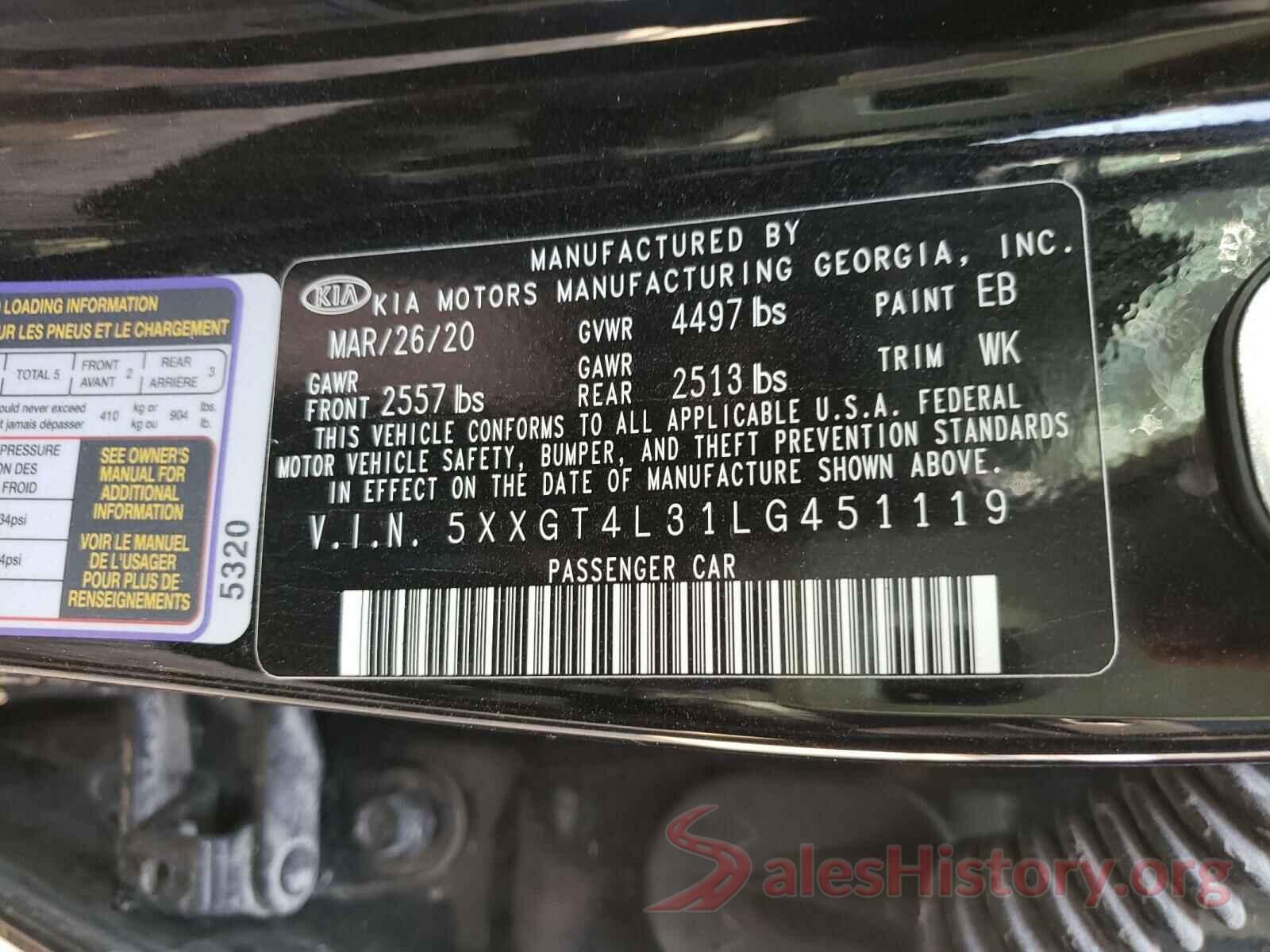 5XXGT4L31LG451119 2020 KIA OPTIMA