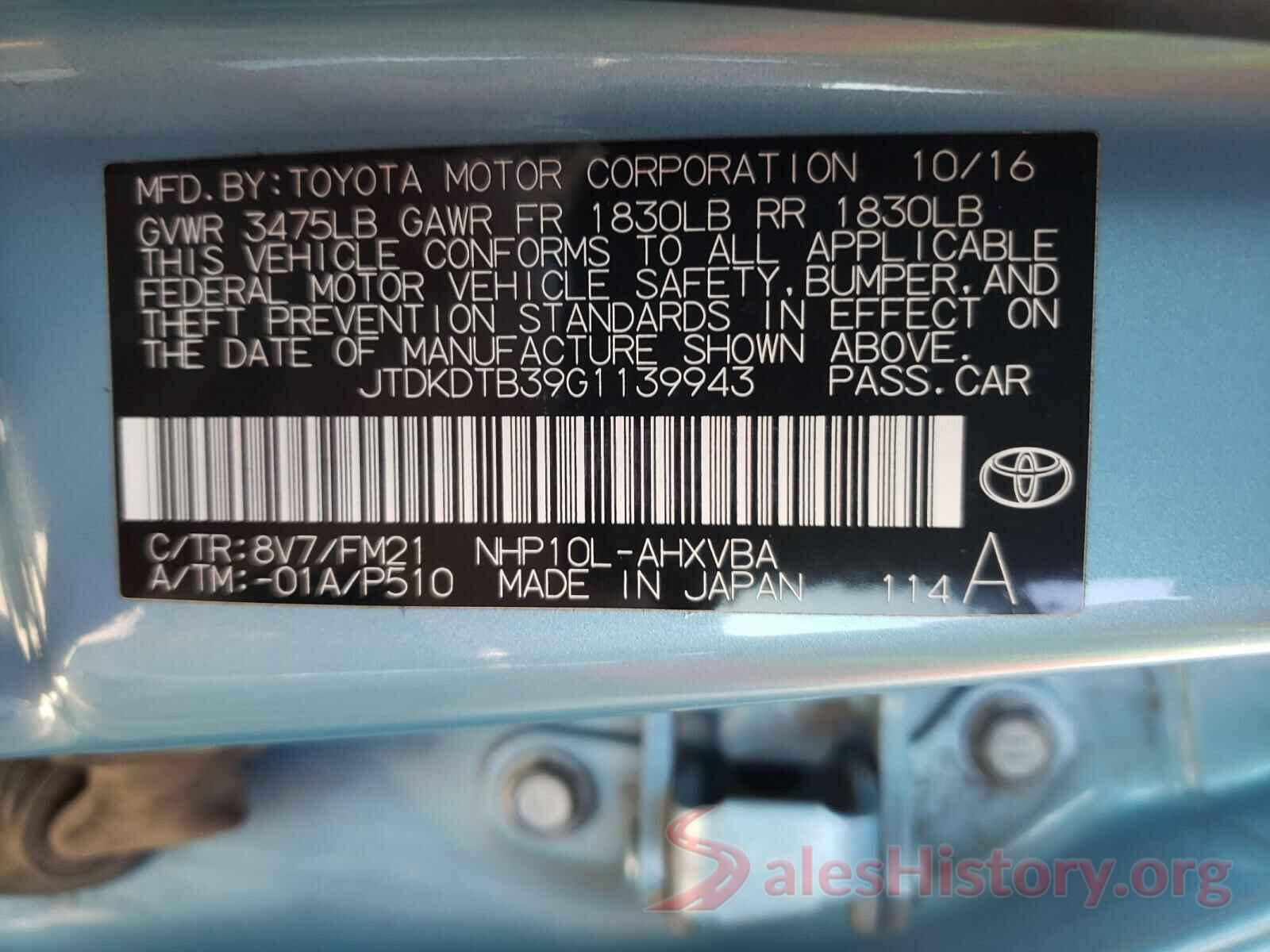 JTDKDTB39G1139943 2016 TOYOTA PRIUS