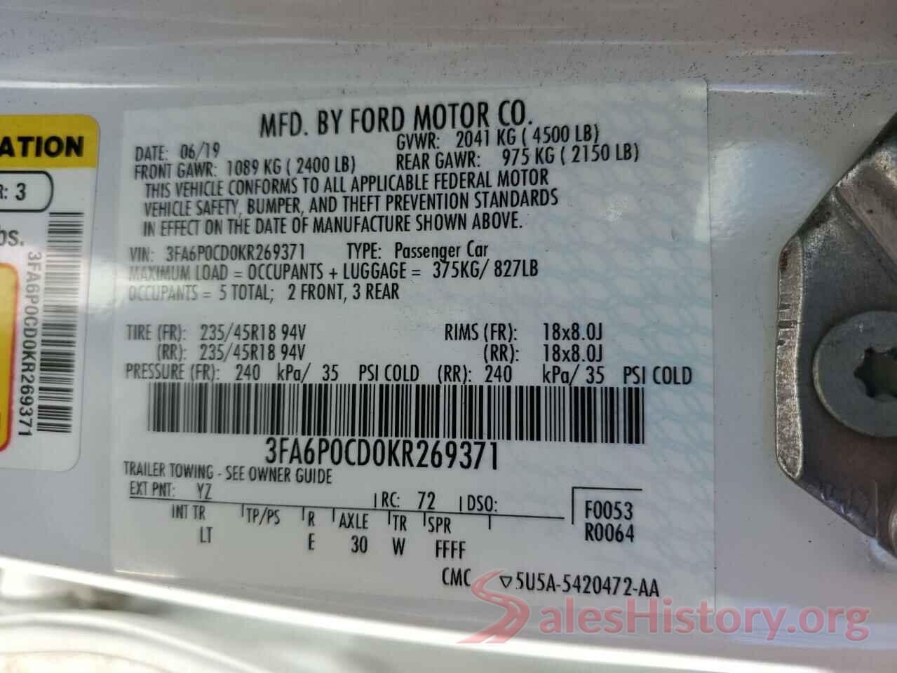 3FA6P0CD0KR269371 2019 FORD FUSION