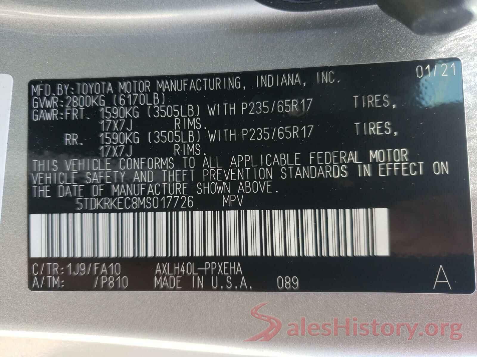 5TDKRKEC8MS017726 2021 TOYOTA SIENNA