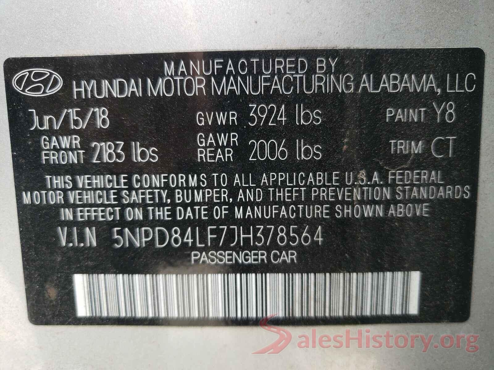 5NPD84LF7JH378564 2018 HYUNDAI ELANTRA