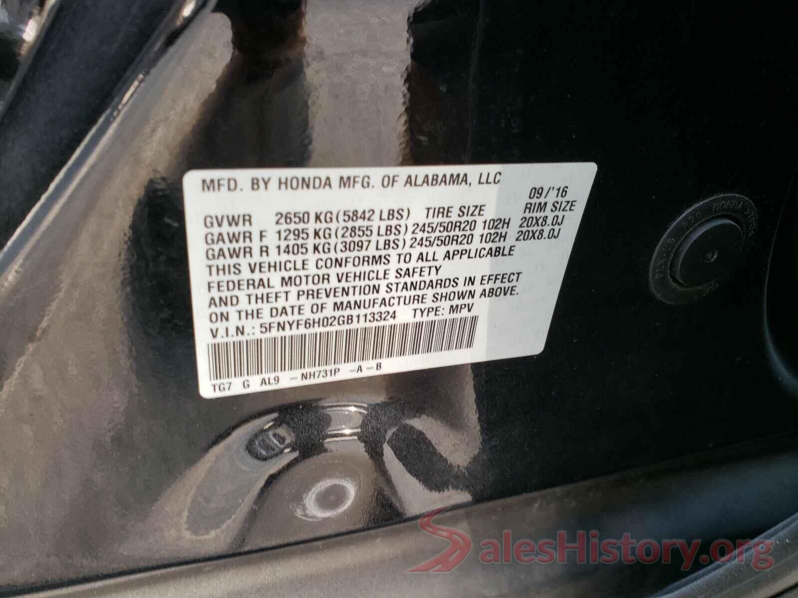 5FNYF6H02GB113324 2016 HONDA PILOT