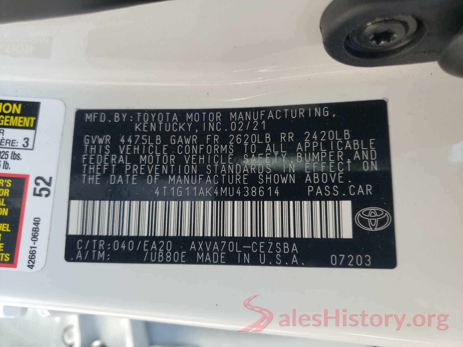 4T1G11AK4MU438614 2021 TOYOTA CAMRY