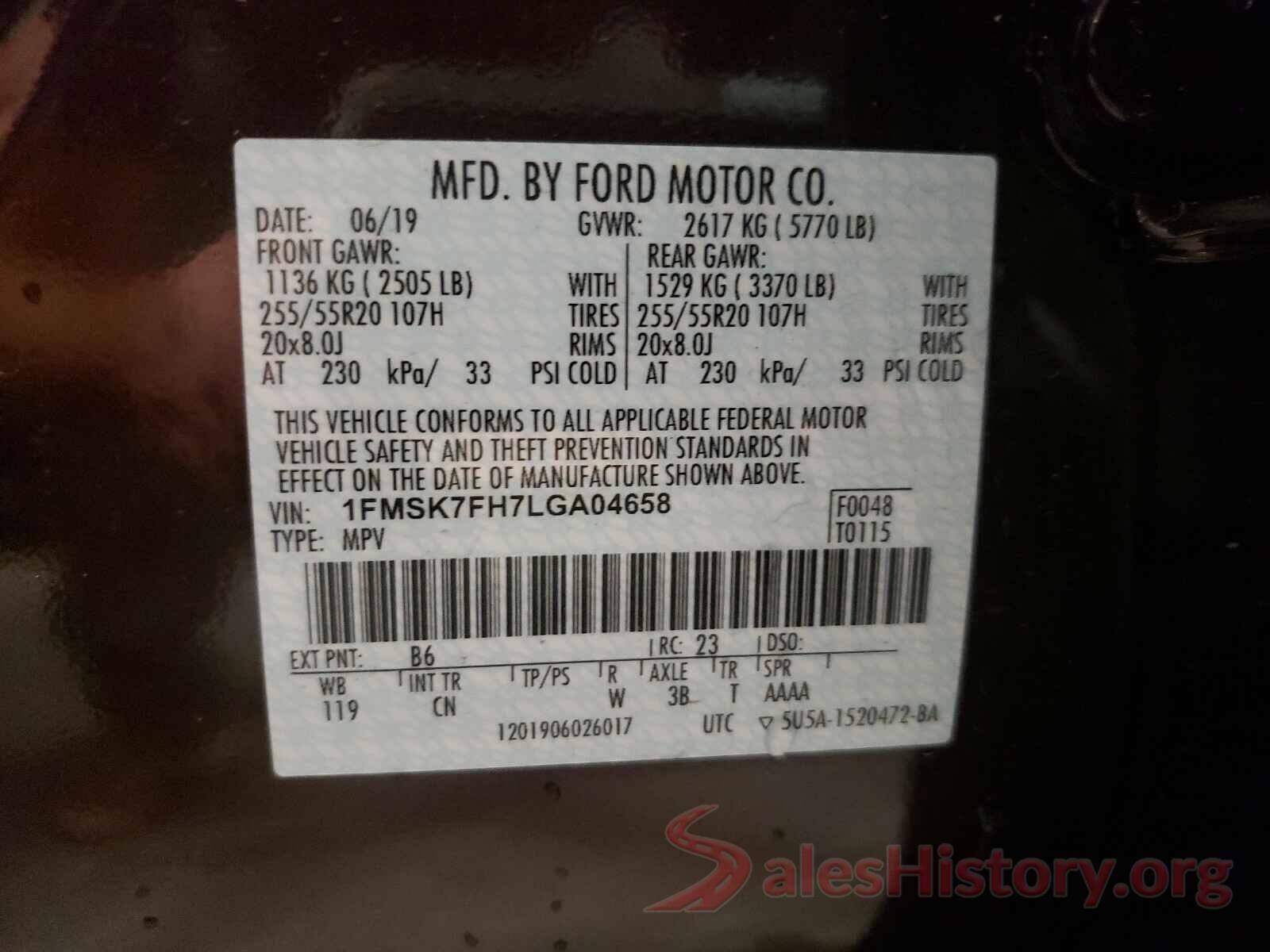 1FMSK7FH7LGA04658 2020 FORD EXPLORER