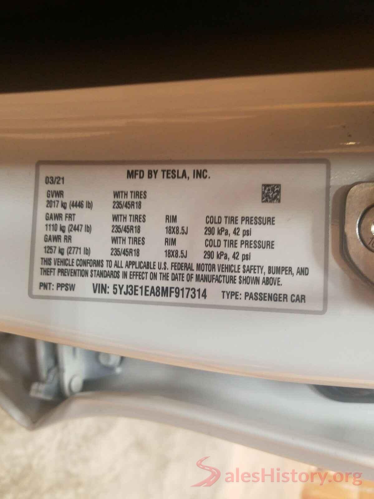 5YJ3E1EA8MF917314 2021 TESLA MODEL 3