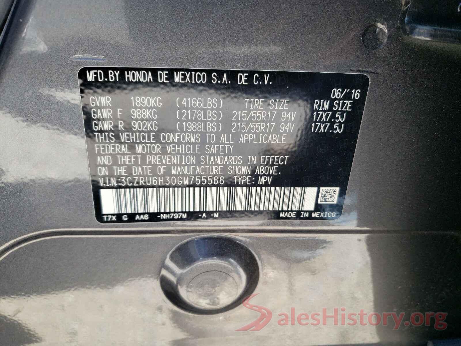 3CZRU6H30GM755566 2016 HONDA HR-V