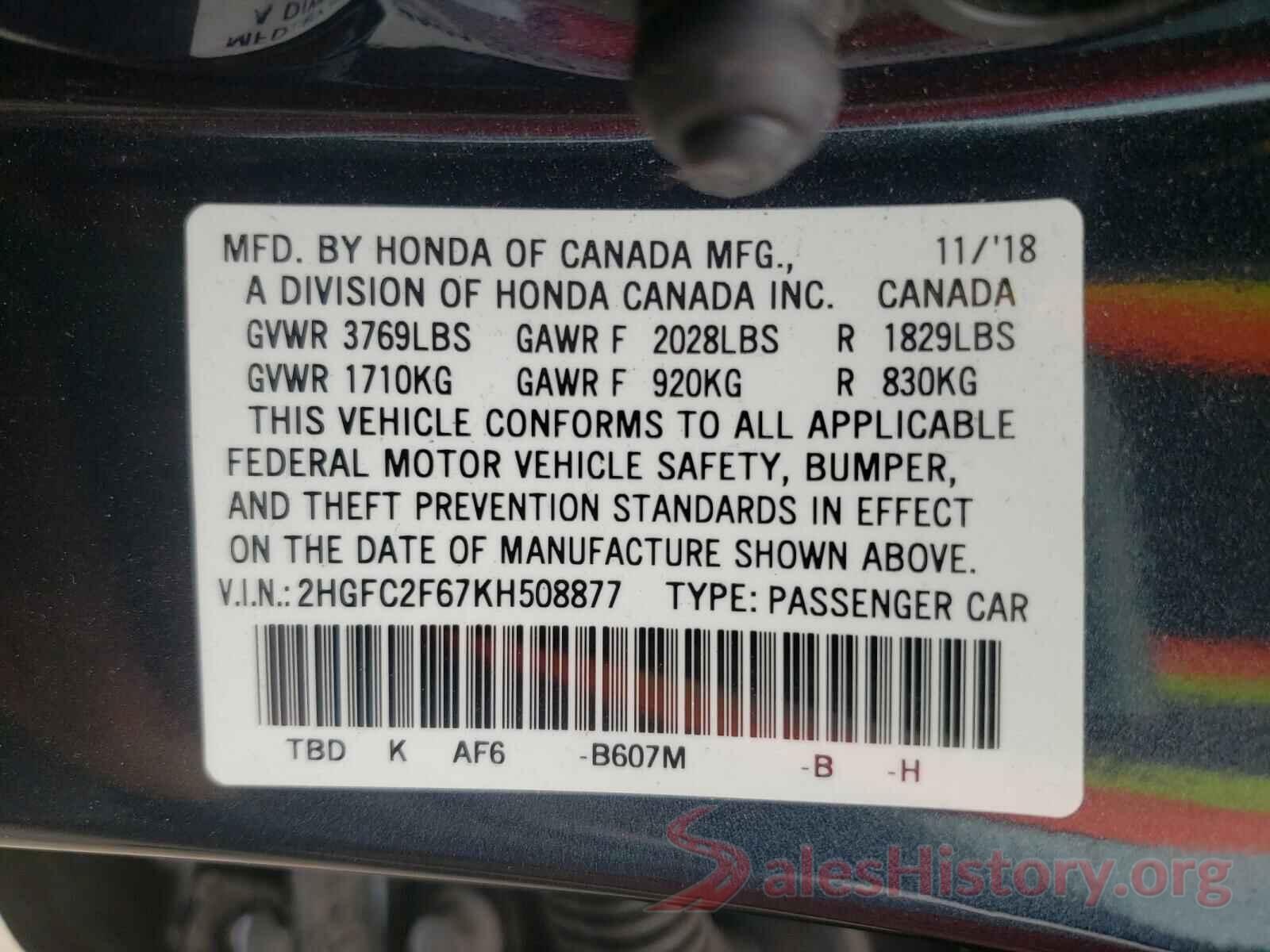 2HGFC2F67KH508877 2019 HONDA CIVIC