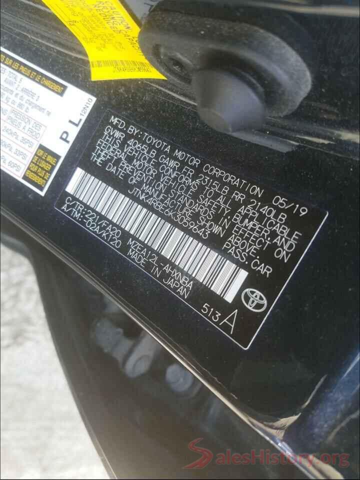 JTNK4RBE6K3059643 2019 TOYOTA COROLLA