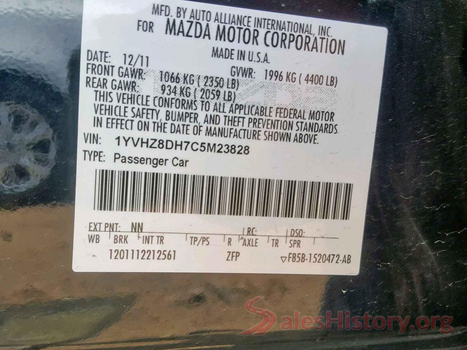 1YVHZ8DH7C5M23828 2012 MAZDA 6