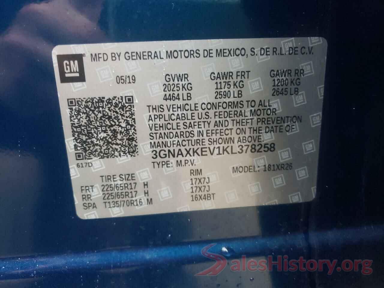 3GNAXKEV1KL378258 2019 CHEVROLET EQUINOX