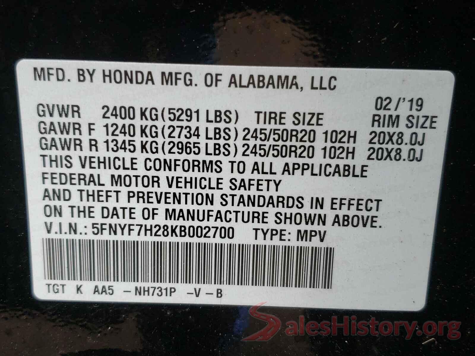 5FNYF7H28KB002700 2019 HONDA PASSPORT