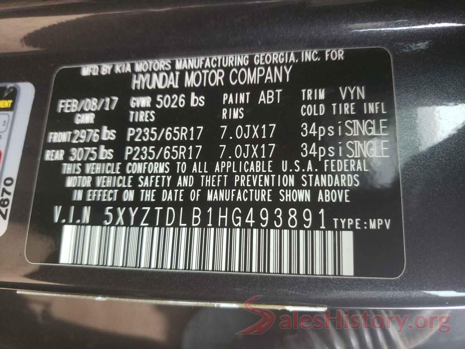 5XYZTDLB1HG493891 2017 HYUNDAI SANTA FE