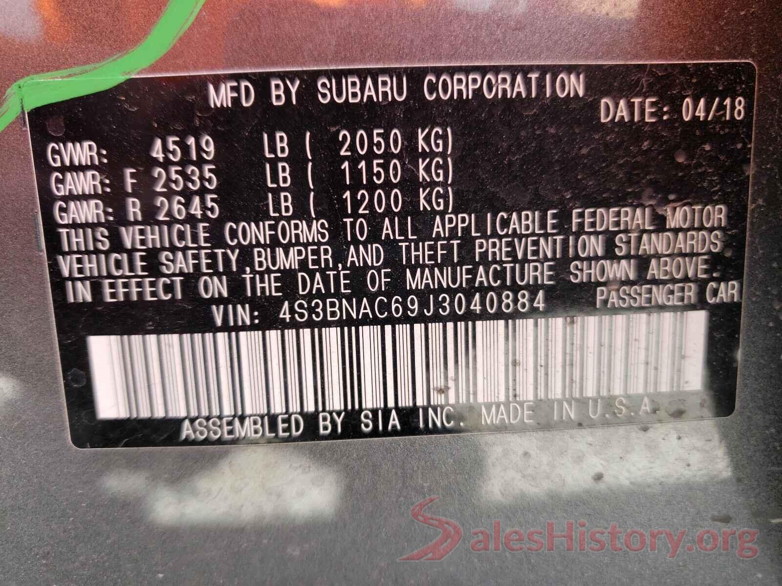 4S3BNAC69J3040884 2018 SUBARU LEGACY