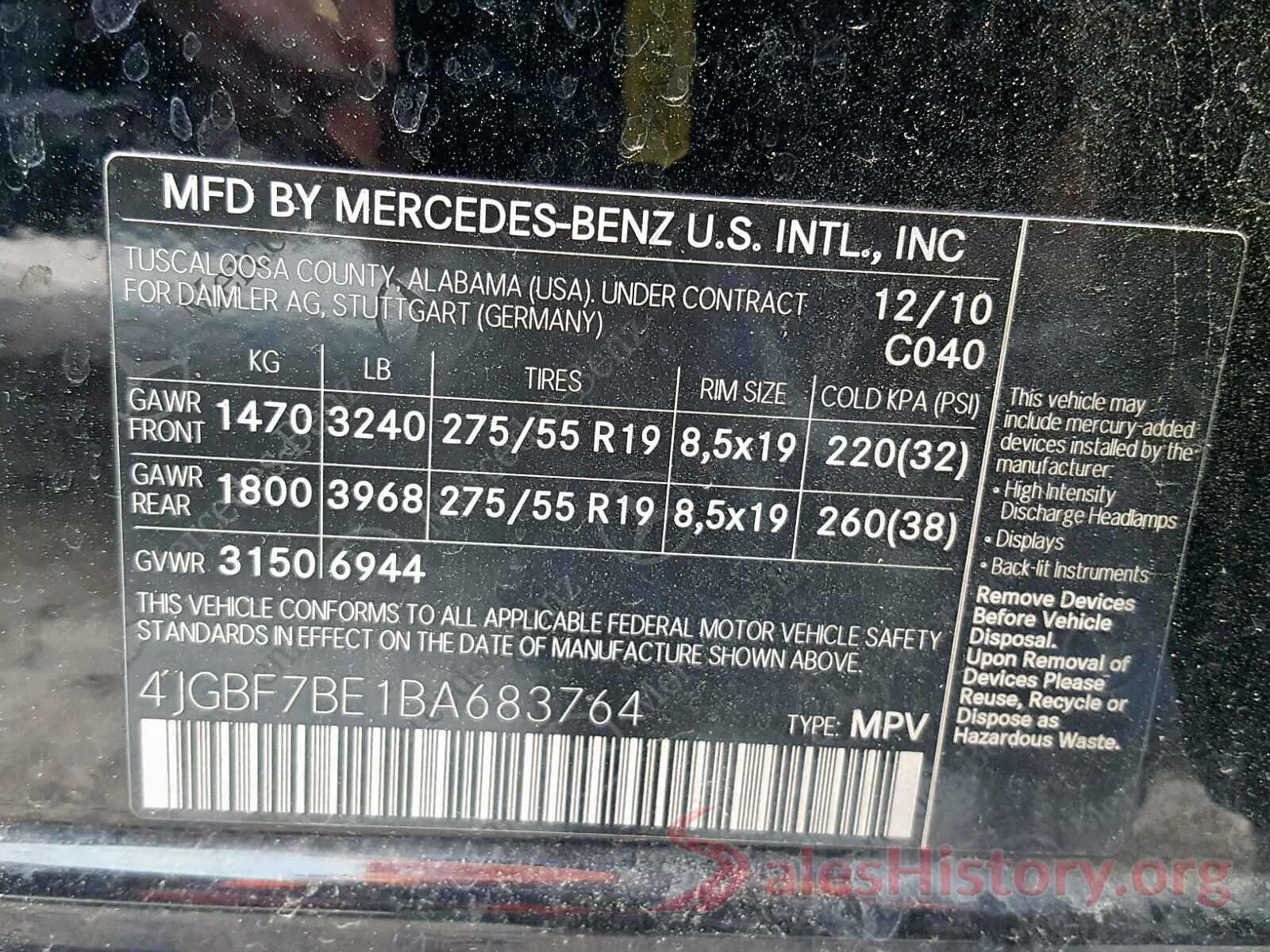 4JGBF7BE1BA683764 2011 MERCEDES-BENZ GL 450 4MA