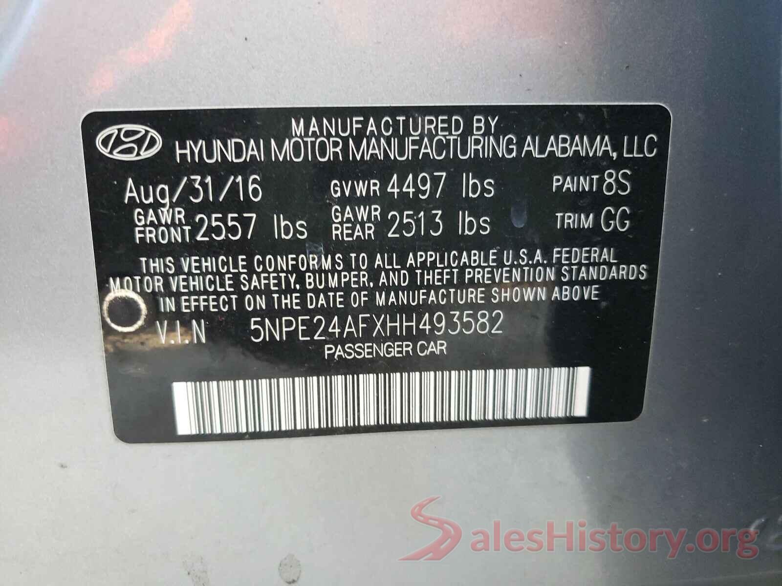 5NPE24AFXHH493582 2017 HYUNDAI SONATA