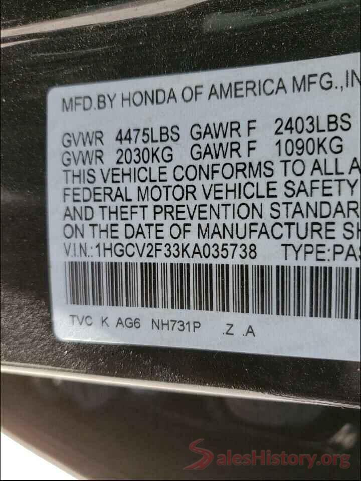 1HGCV2F33KA035738 2019 HONDA ACCORD