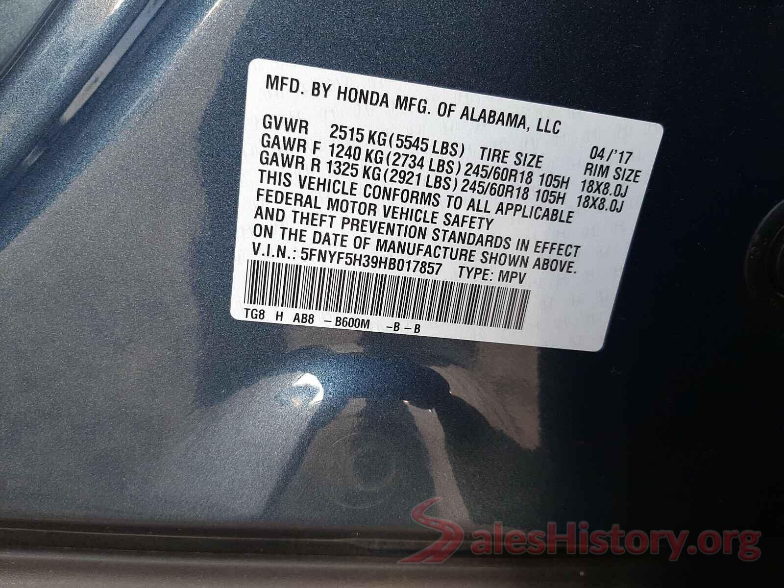 5FNYF5H39HB017857 2017 HONDA PILOT