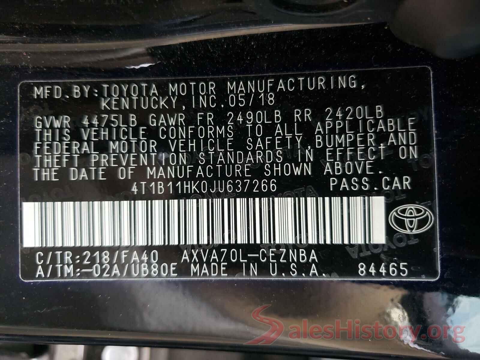 4T1B11HK0JU637266 2018 TOYOTA CAMRY