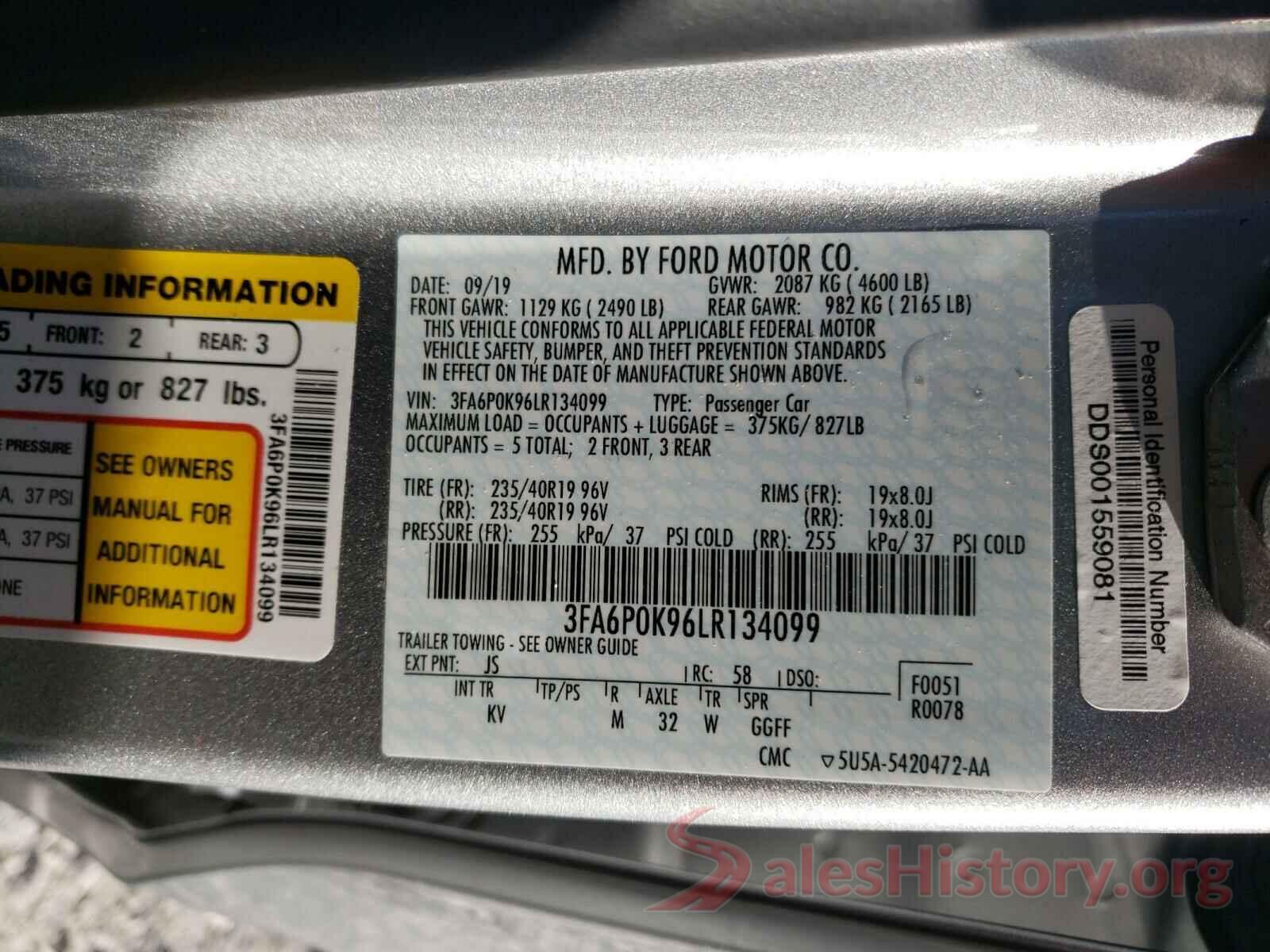 3FA6P0K96LR134099 2020 FORD FUSION