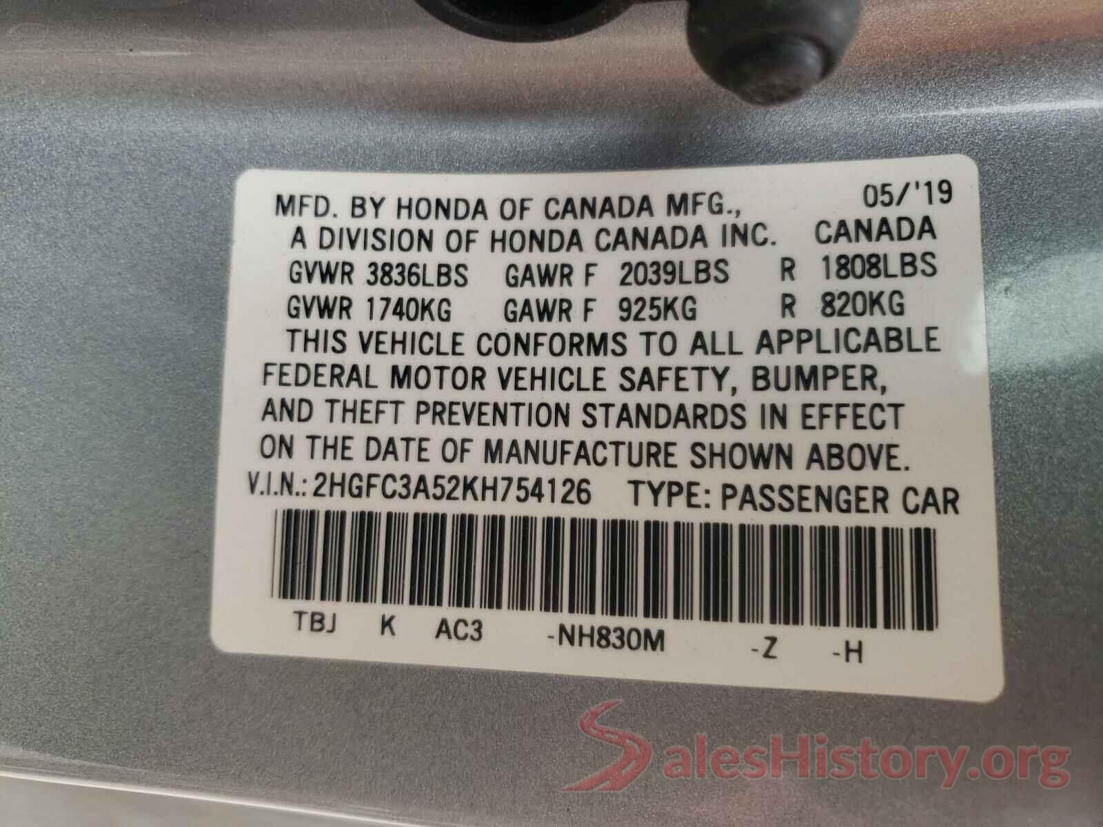 2HGFC3A52KH754126 2019 HONDA CIVIC