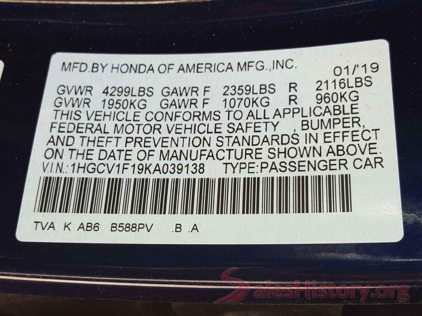 1HGCV1F19KA039138 2019 HONDA ACCORD