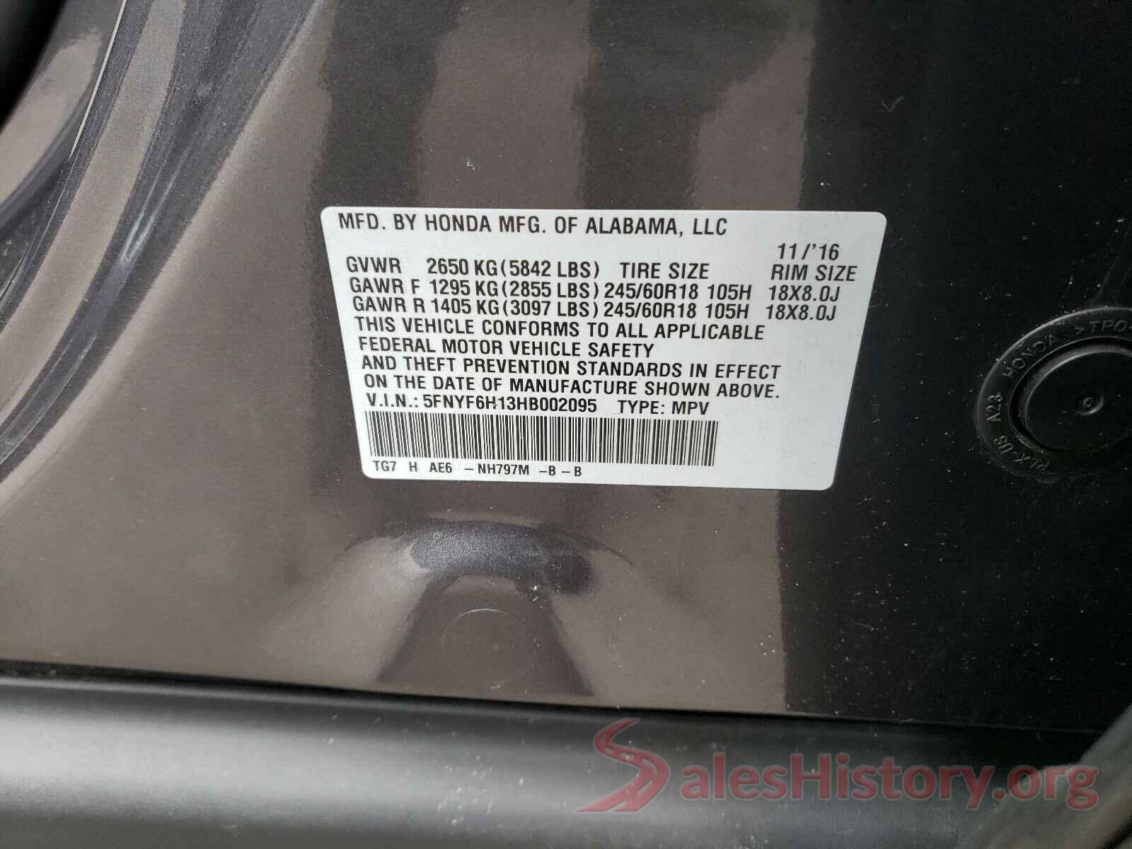 5FNYF6H13HB002095 2017 HONDA PILOT