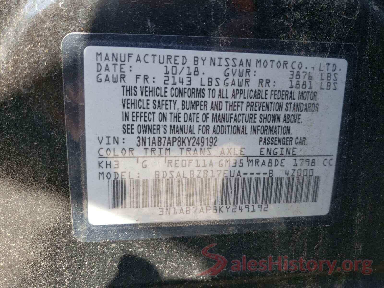 3N1AB7AP8KY249192 2019 NISSAN SENTRA