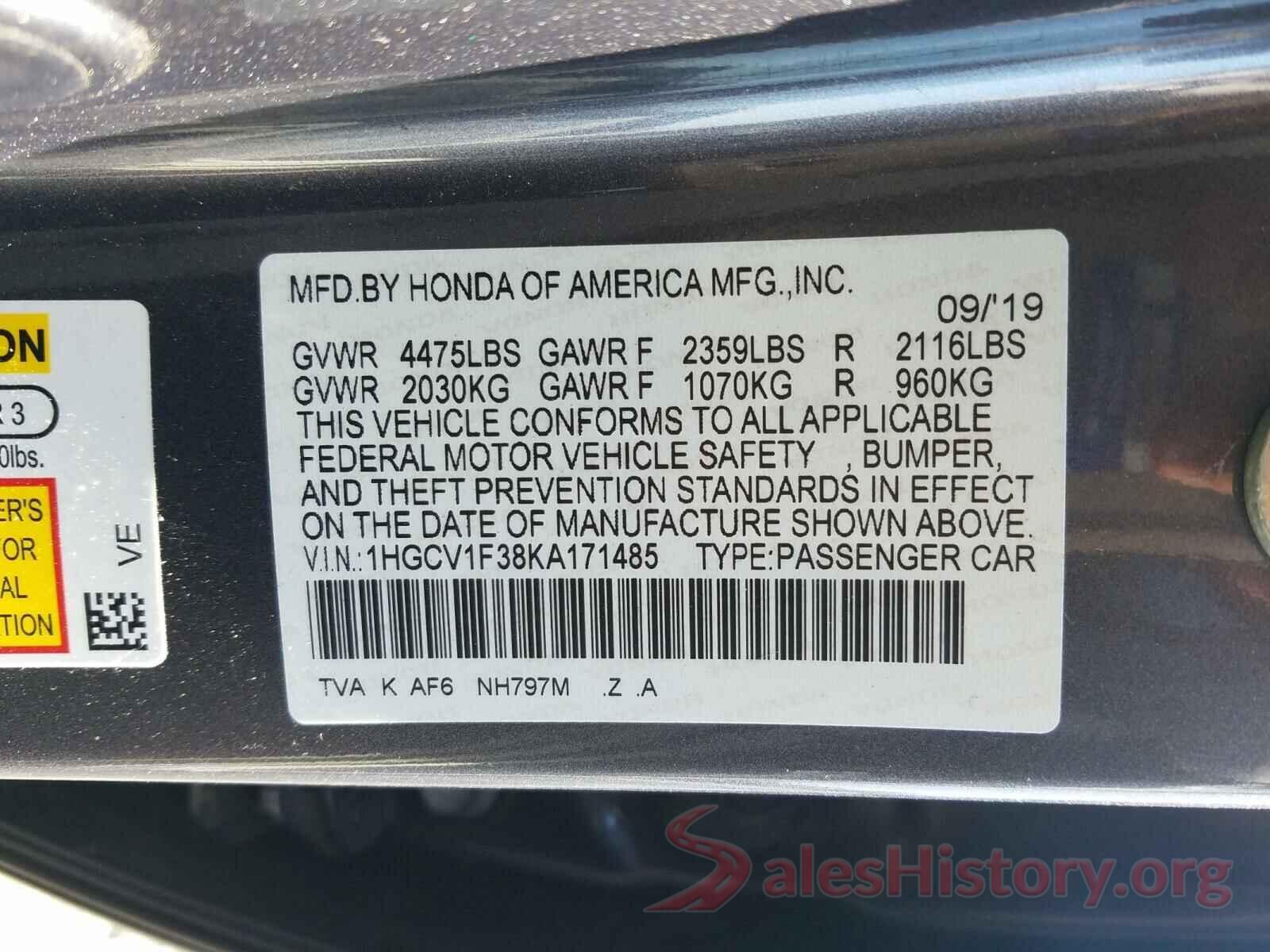 1HGCV1F38KA171485 2019 HONDA ACCORD