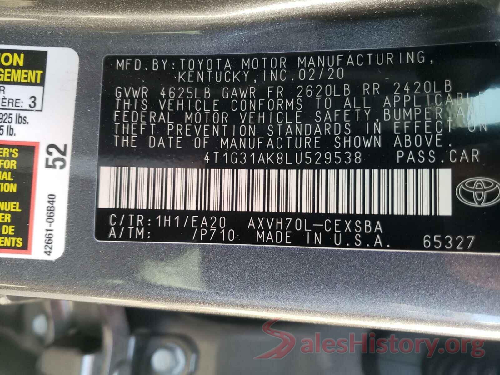 4T1G31AK8LU529538 2020 TOYOTA CAMRY