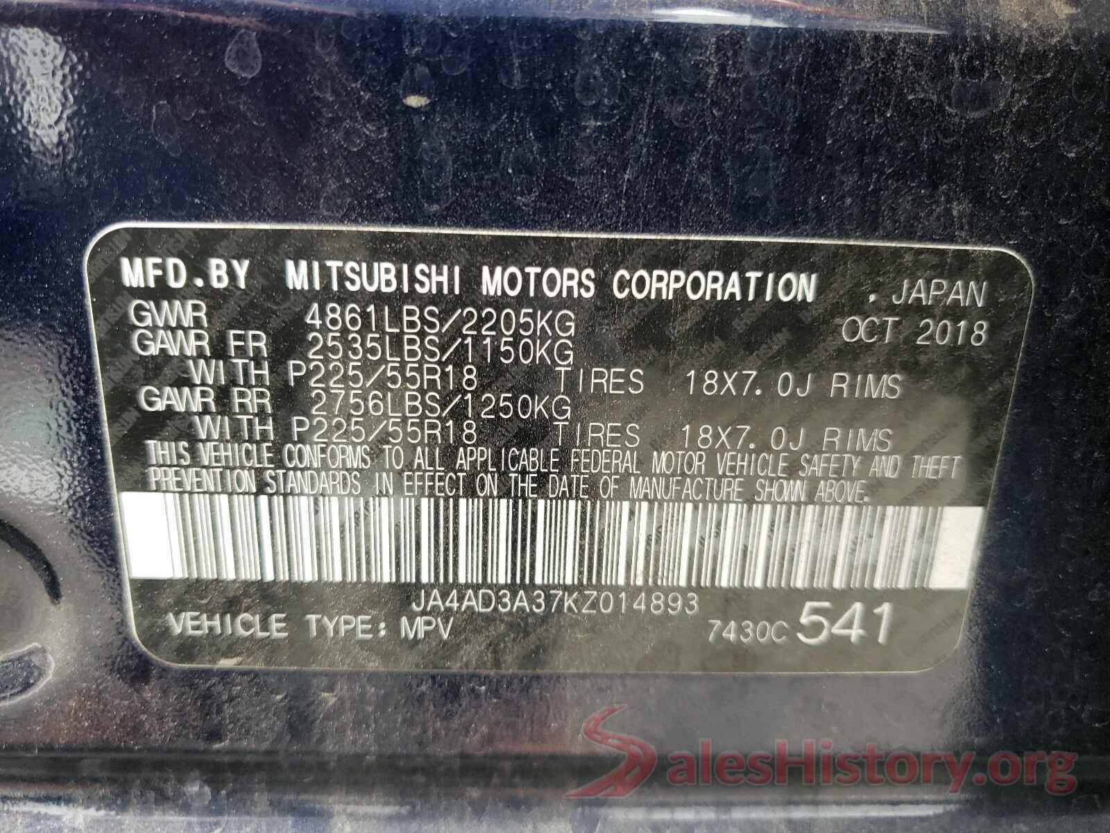 JA4AD3A37KZ014893 2019 MITSUBISHI OUTLANDER