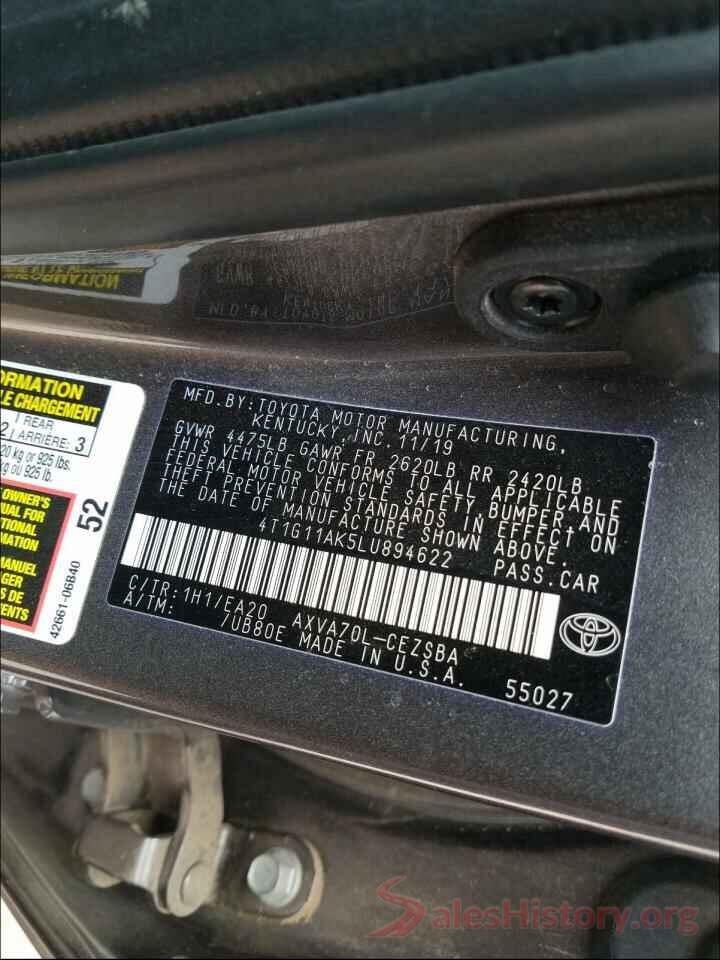 4T1G11AK5LU894622 2020 TOYOTA CAMRY