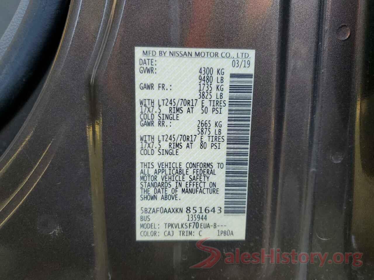 5BZAF0AAXKN851643 2019 NISSAN NV