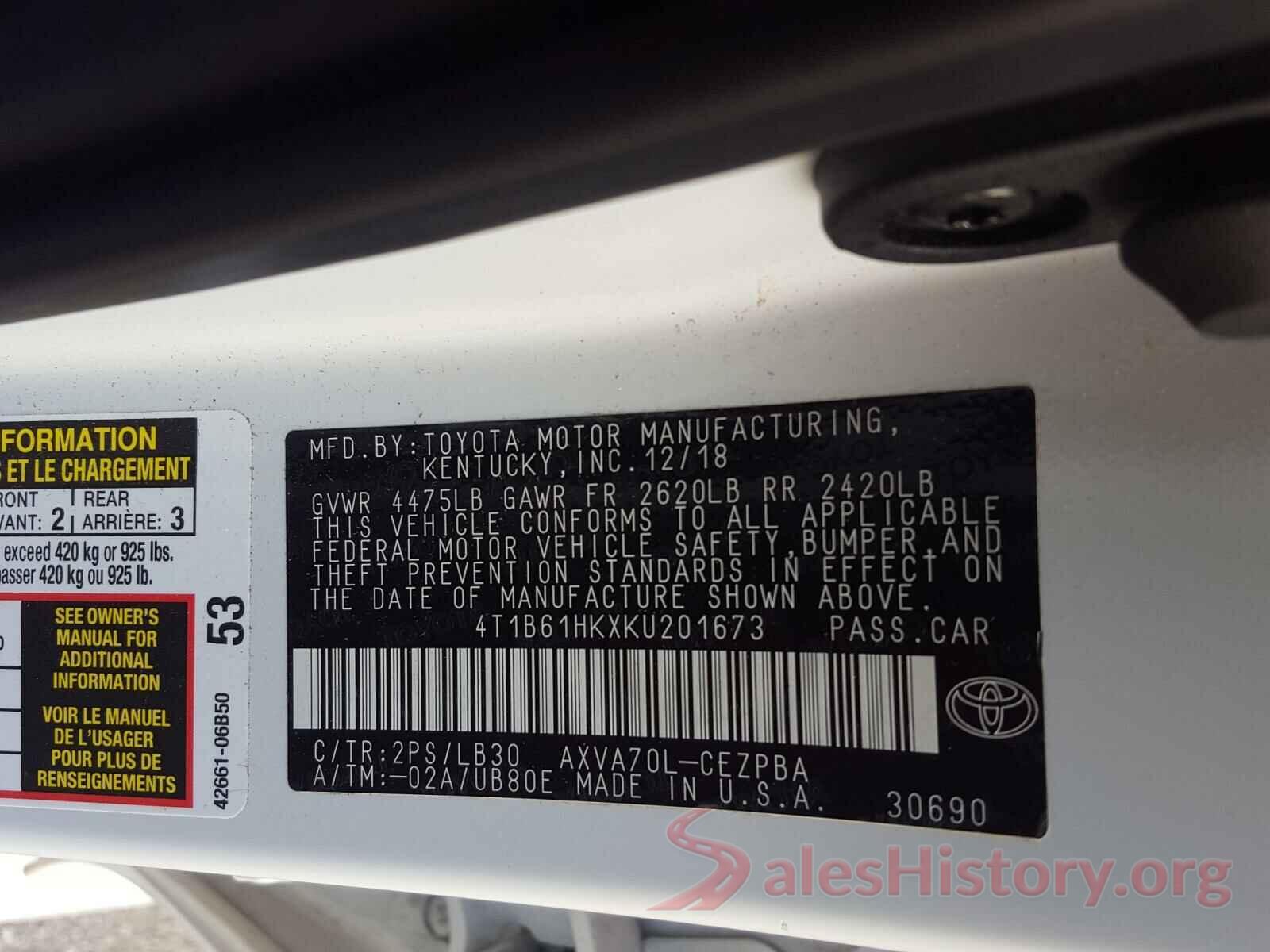 4T1B61HKXKU201673 2019 TOYOTA CAMRY