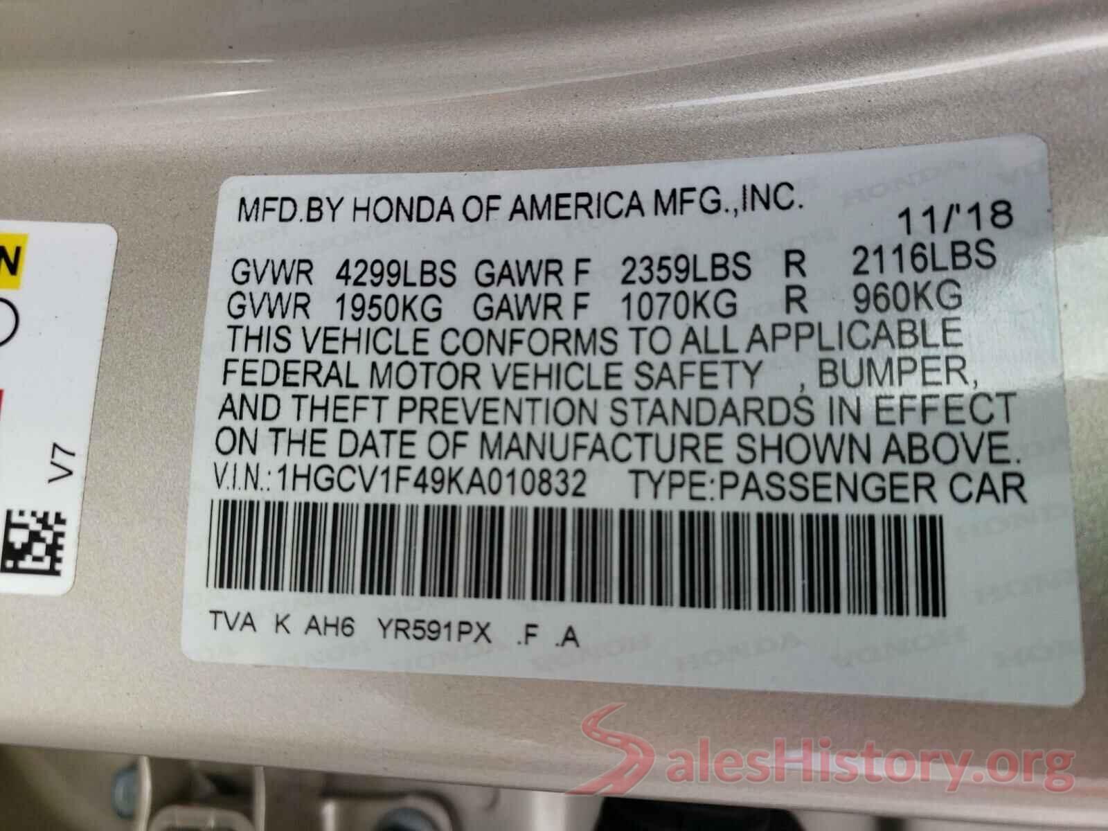 1HGCV1F49KA010832 2019 HONDA ACCORD