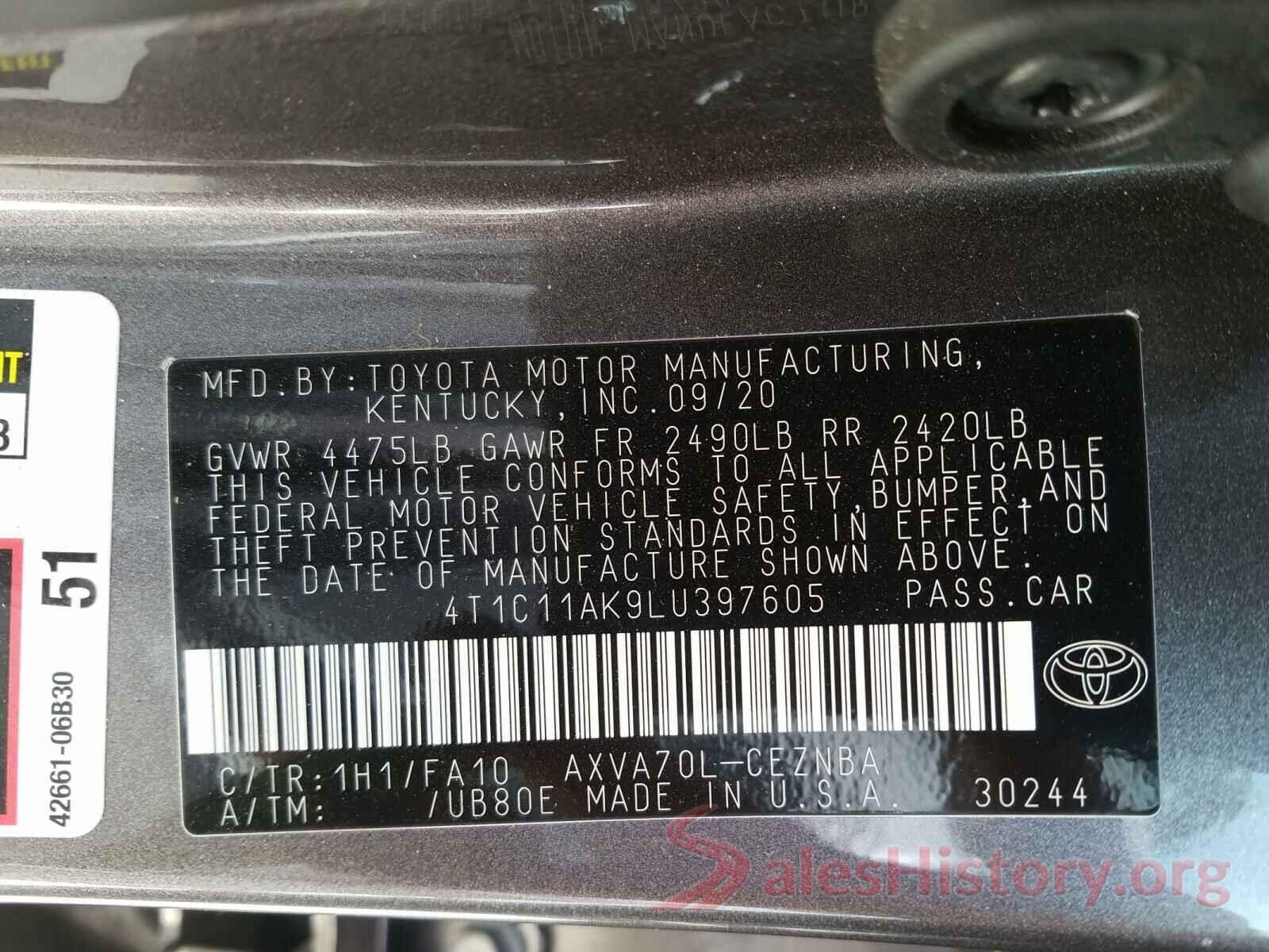 4T1C11AK9LU397605 2020 TOYOTA CAMRY