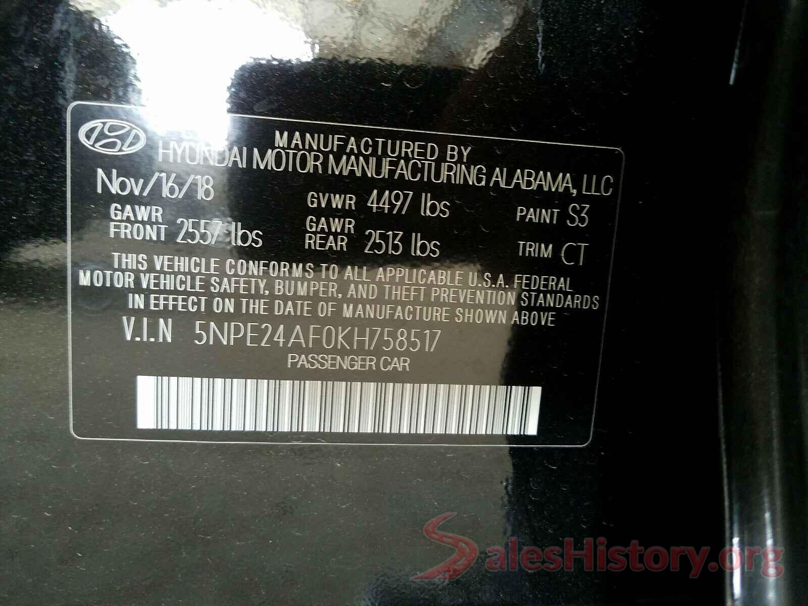 5NPE24AF0KH758517 2019 HYUNDAI SONATA