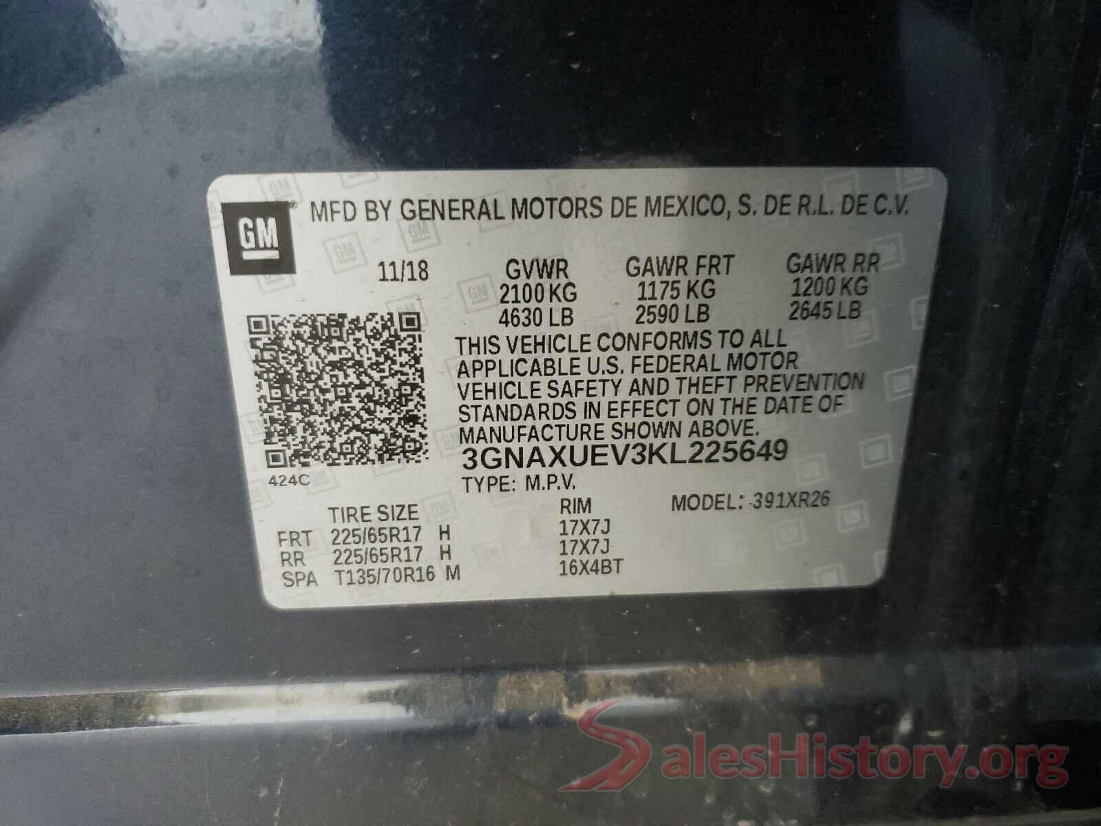 3GNAXUEV3KL225649 2019 CHEVROLET EQUINOX