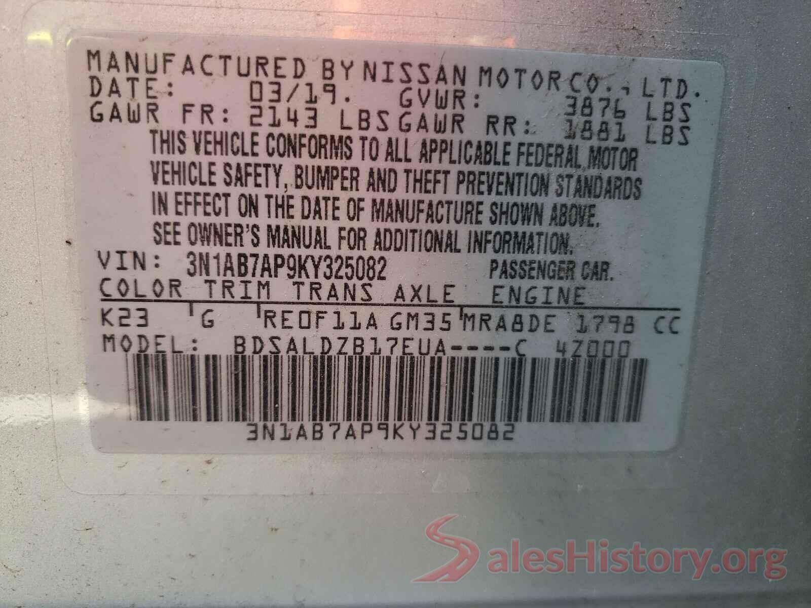 3N1AB7AP9KY325082 2019 NISSAN SENTRA