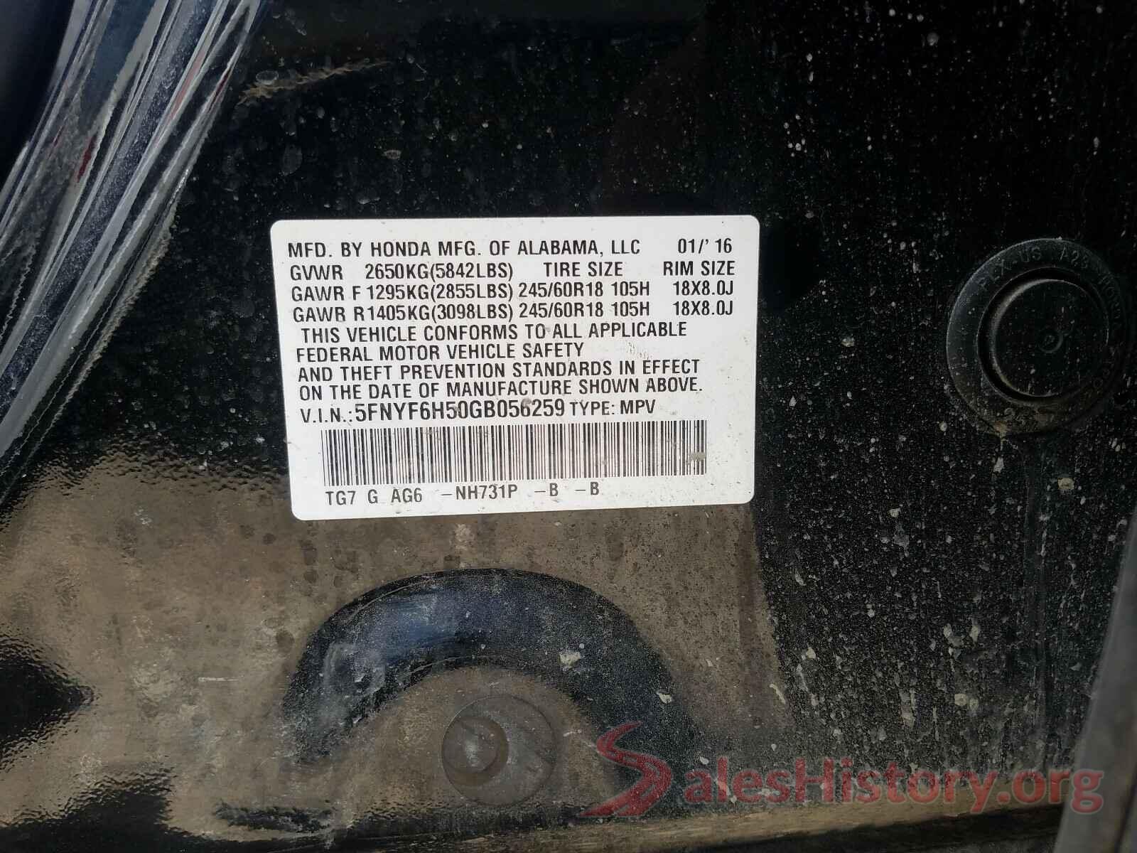 5FNYF6H50GB056259 2016 HONDA PILOT