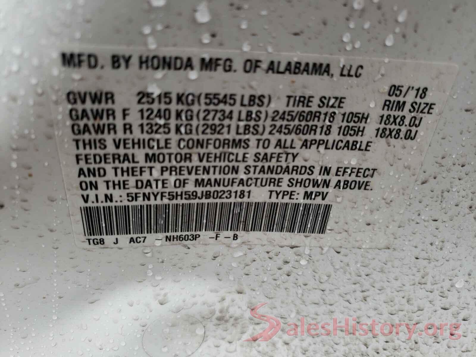 5FNYF5H59JB023181 2018 HONDA PILOT