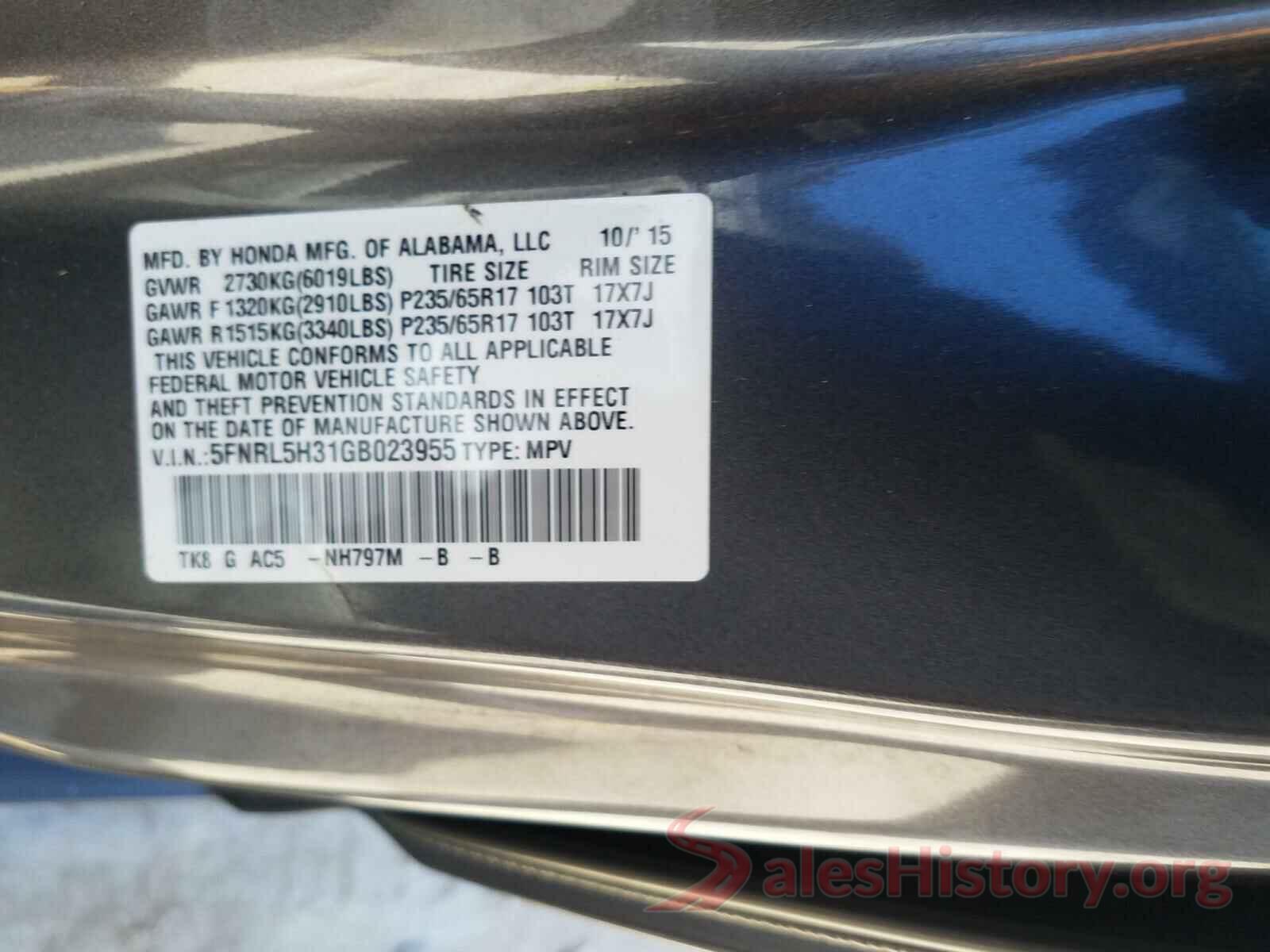 5FNRL5H31GB023955 2016 HONDA ODYSSEY