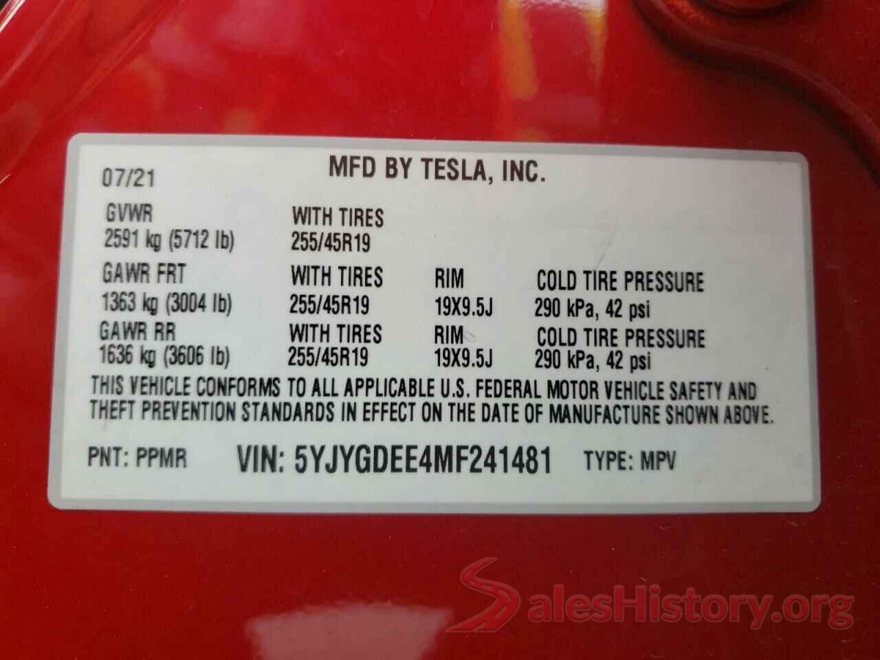 5YJYGDEE4MF241481 2021 TESLA MODEL Y