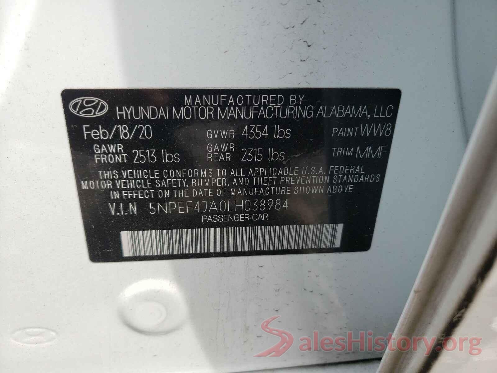 5NPEF4JA0LH038984 2020 HYUNDAI SONATA