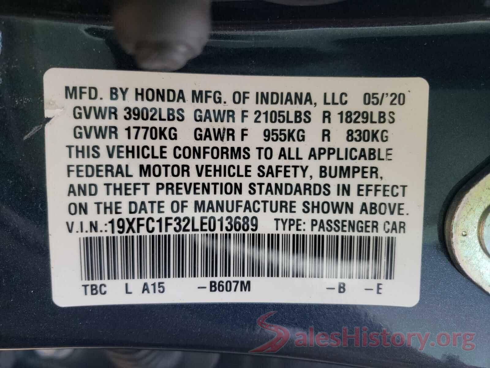 19XFC1F32LE013689 2020 HONDA CIVIC