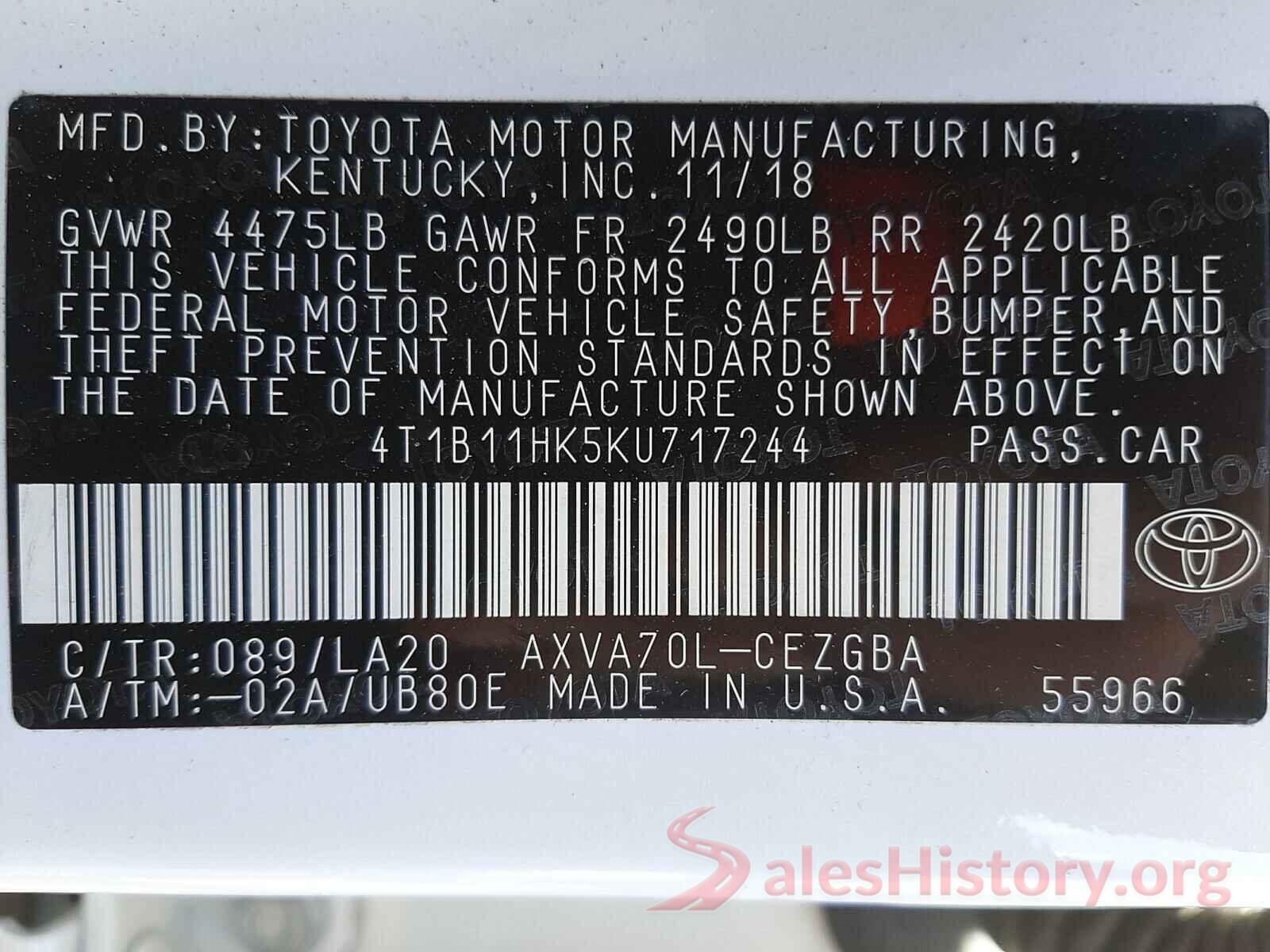 4T1B11HK5KU717244 2019 TOYOTA CAMRY